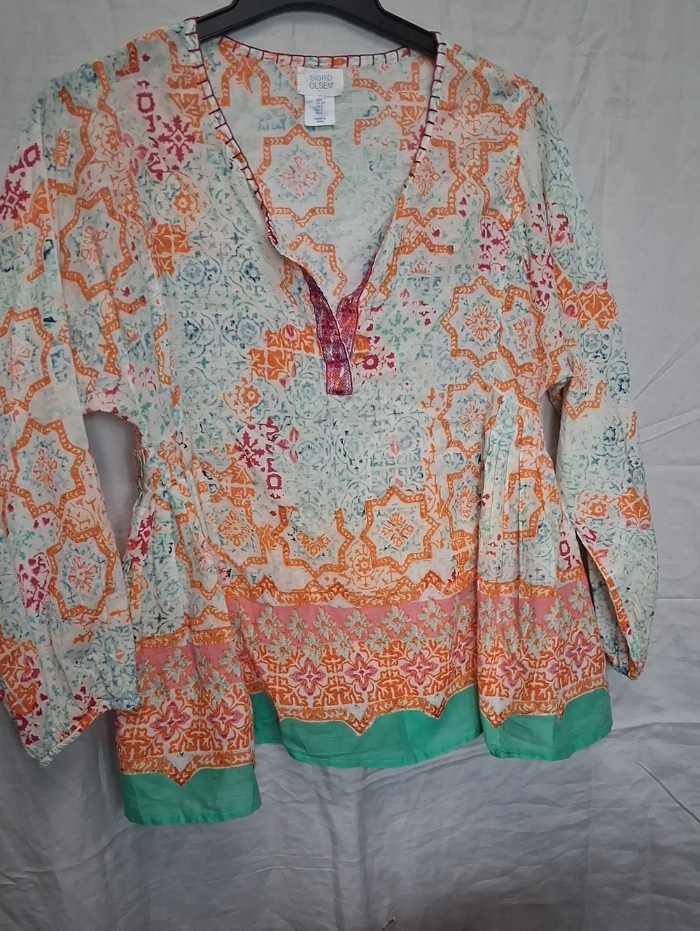 Sigrid Olsen Mint Tunic Top with Orange & Coral Geometric Print
